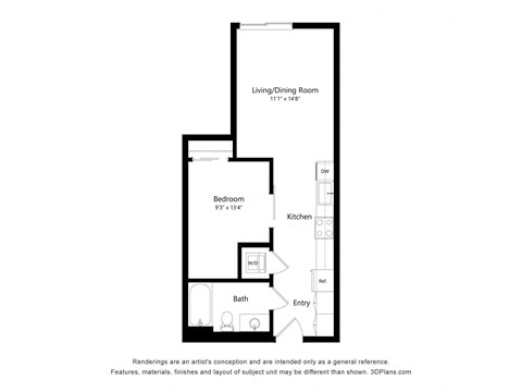 Floor plan for 1 bed, 1 bath, 560 sqft